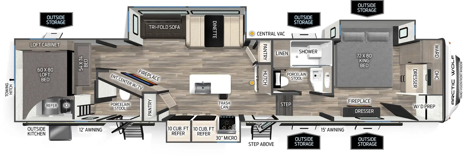 The Arctic Wolf 3750SUITE floorplan has two entries and three slide outs. Exterior features include: fiberglass exterior and 12' & 15' awning. Interiors features include: bunk beds, kitchen island, front bedroom and bathroom and a half.